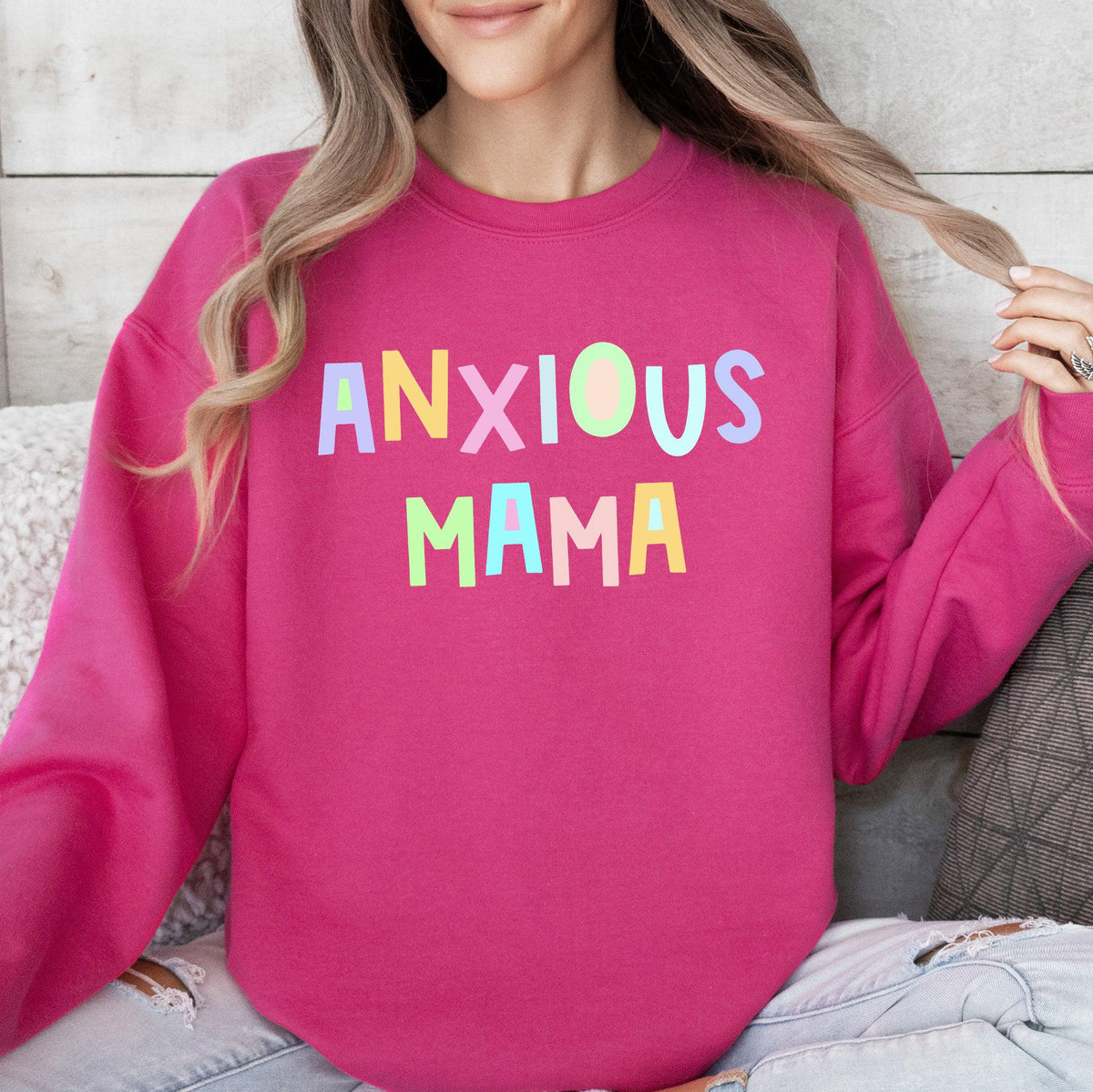Anxious Mama Sweatshirt Positivity Funny Sarcastic Mom Gift Mental Health Colorful Pastel Crewneck Crew Neck Sweatshirt Sweatshirt – Aesthetic Look · Perfect For Daily Wear