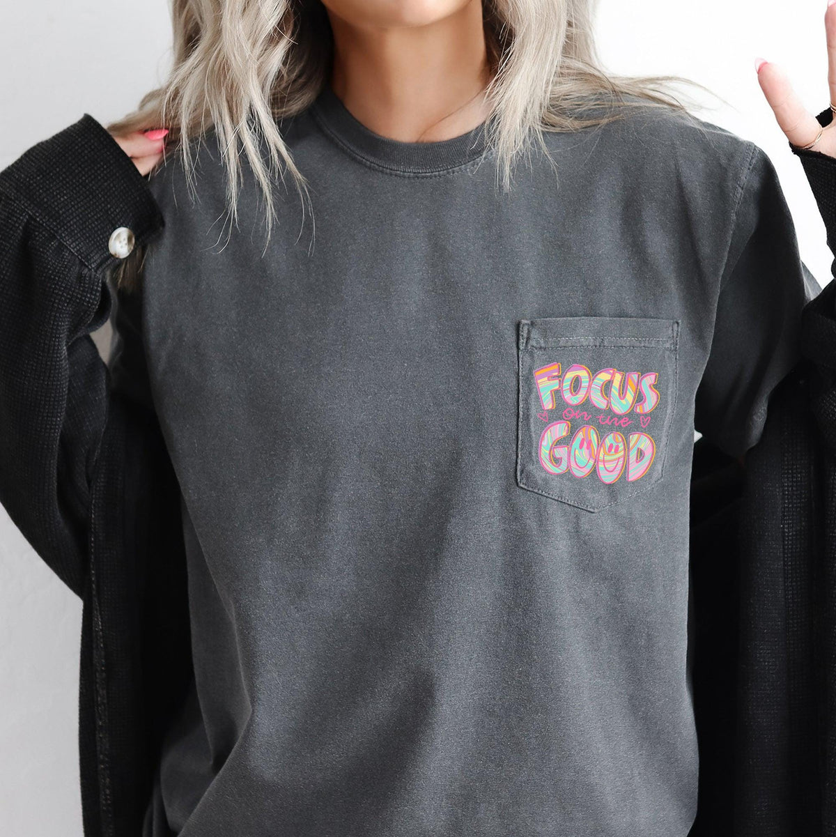 Focus On The Good Retro Pocket Positivity Mental Health Pocket Tee Comfort Colors Tshirt Pocket Print Gift Graphic Tee – Bold Style · High-Quality Print