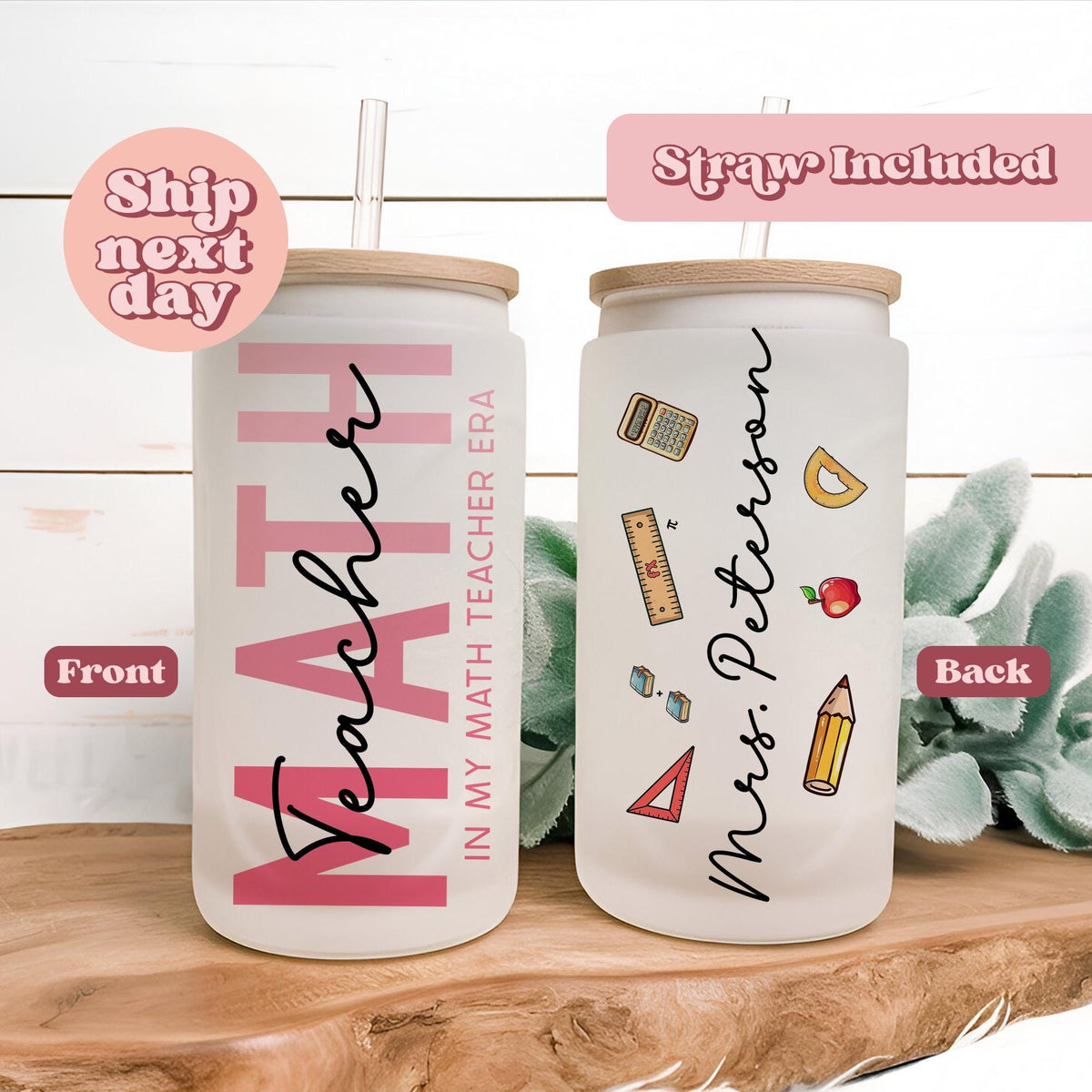 Personalized Glass Iced Coffee Cup for Math Teachers Cute Math Teacher Gift Frosted 16oz Tumbler with Straw Lid Custom Teacher Gift Graphic Tee – Everyday Comfort · High-Quality Print