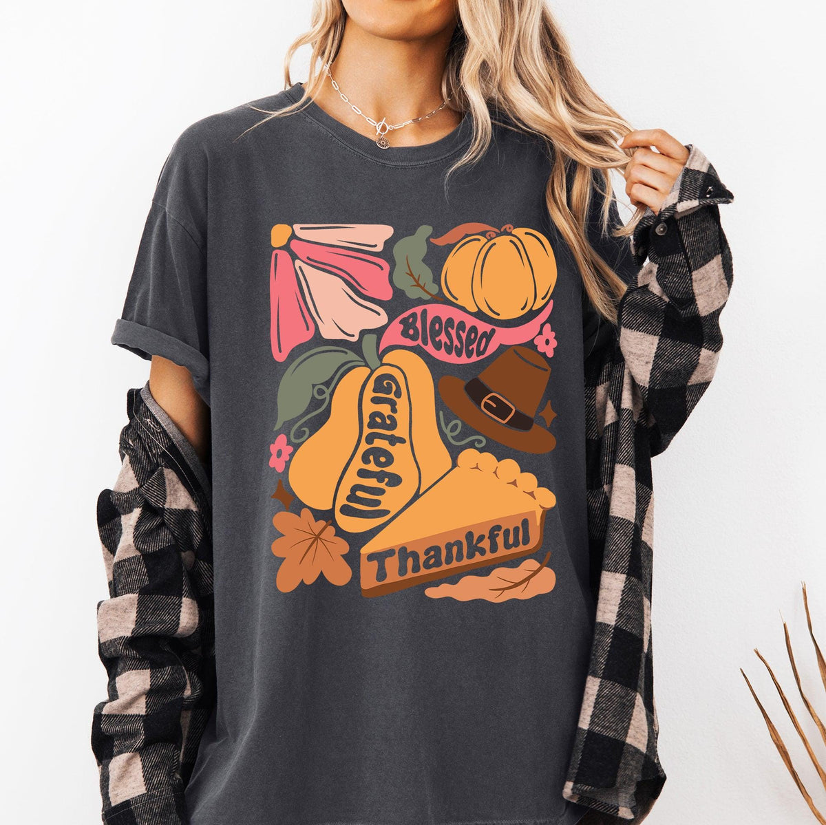 Grateful Thankful Blessed Autumn Thanksgiving Flowers Pumpkins Pilgrims Tshirt Comfort Colors Tee Gift Garment Dyed Graphic Tee – Warm & Stylish · High-Quality Print