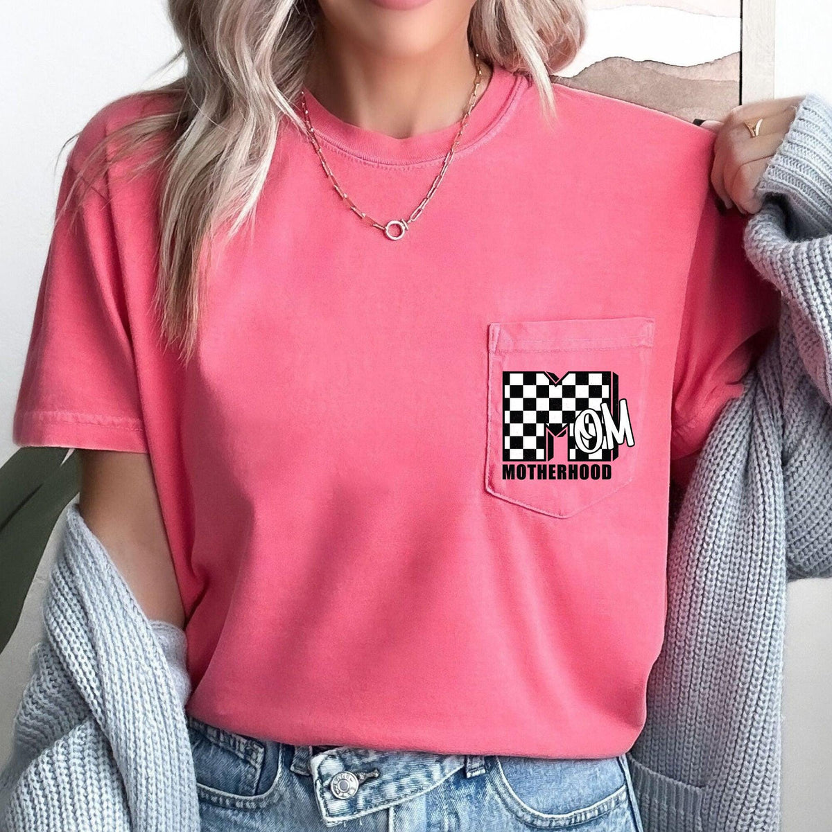 Mom Motherhood Retro Checkered Pocket Tee Comfort Colors Tshirt Pocket Print Gift Graphic Tee – Premium Graphic · Trending Graphic Apparel
