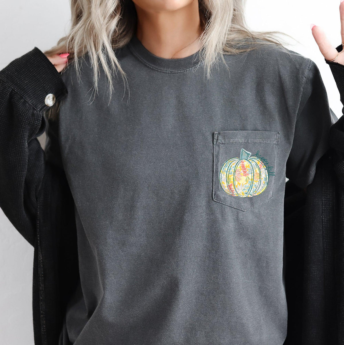 Happy Fall Pastel Pumpkin Thanksgiving Flowers Pocket Tee Comfort Colors Tshirt Pocket Print Gift Graphic Tee – Warm & Stylish · Great Gift For Fans