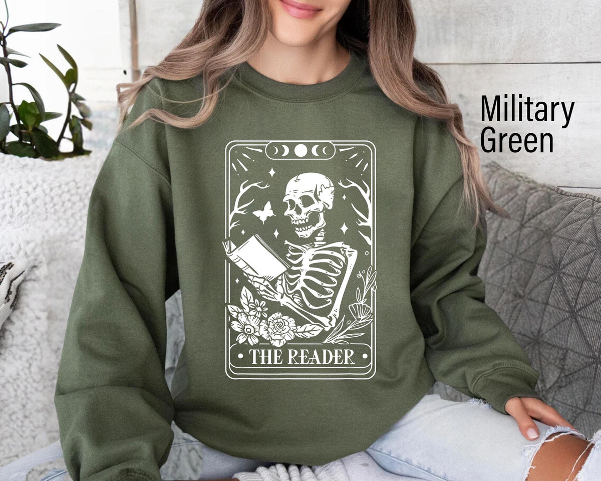 The Reader Tarot Card Sweatshirt Skeleton Reading Sweater Unisex Tarot Card Shirt Book Lover Gift Bookish Gift Tarot Lover Gift Sweatshirt – Aesthetic Look · Perfect For Daily Wear