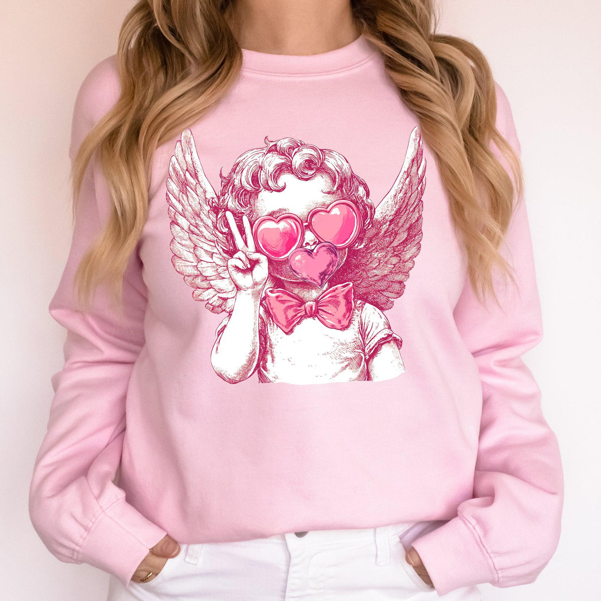 Cupid Peace Sunglasses Wings Valentine39s Day Love Sweatshirt Crewneck Crew Neck Sweater Cupid Sweatshirt – Cozy Vibes · High-Quality Print