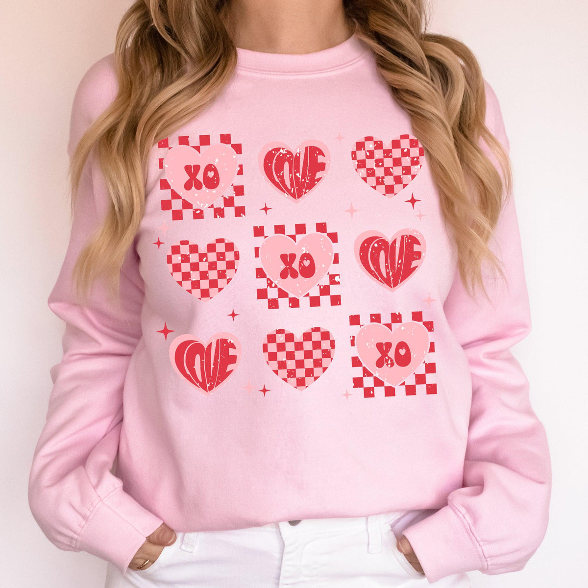 XOXO Valentine39s Day Checkered Retro Love Hearts Sweatshirt Crewneck Crew Neck Sweater Cupid Sweatshirt – Cozy Vibes · Trending Graphic Apparel