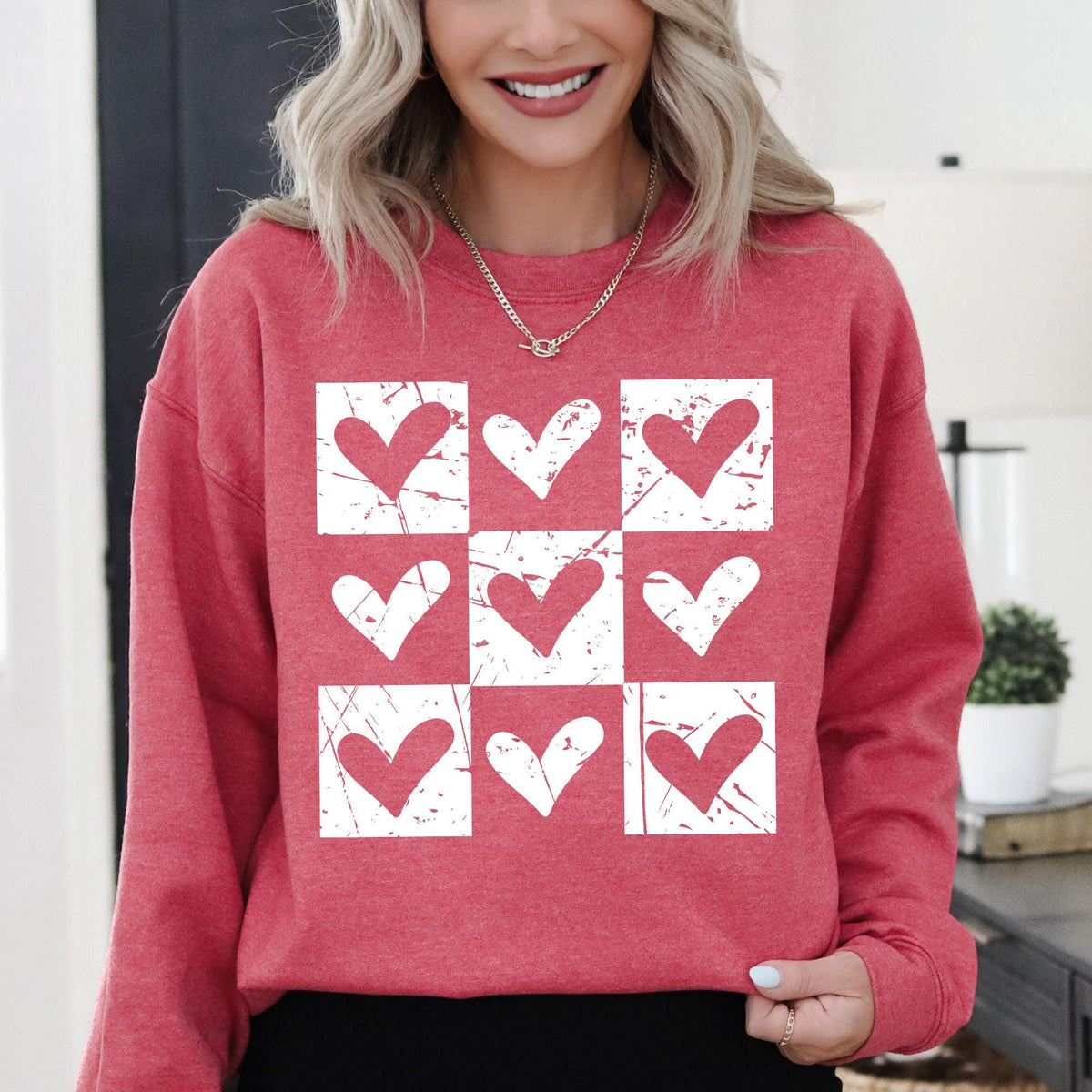 Checkered Hearts Retro Minimalist Love Valentine39s Day Sweatshirt Crewneck Crew Neck Sweater Cupid Sweatshirt – Cozy Vibes · High-Quality Print