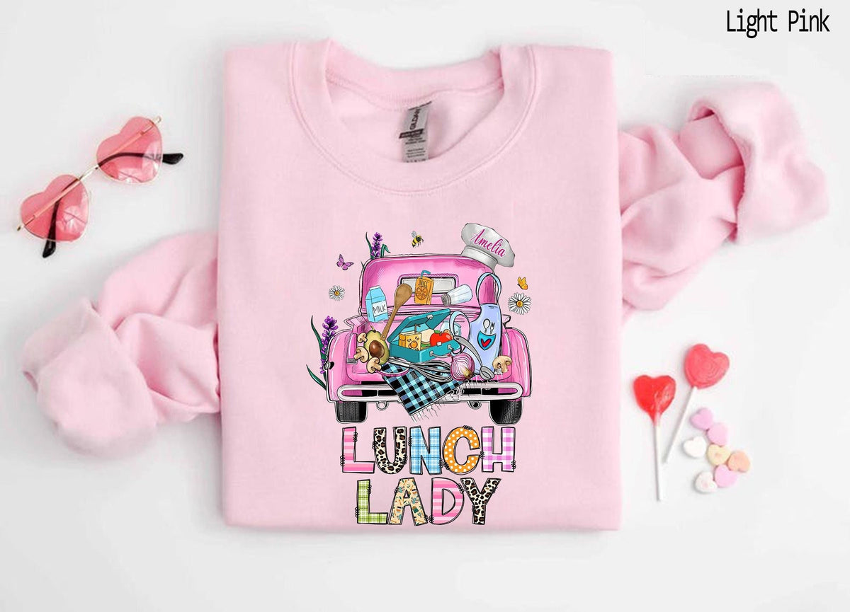 Custom Name Lunch Lady Cute Truck Sweatshirt Personalized Valentine Gift Lunch Lady Squad Cafeteria Crew T Shirt Cafeteria Worker Gift Sweatshirt – Cozy Vibes · Great Gift For Fans
