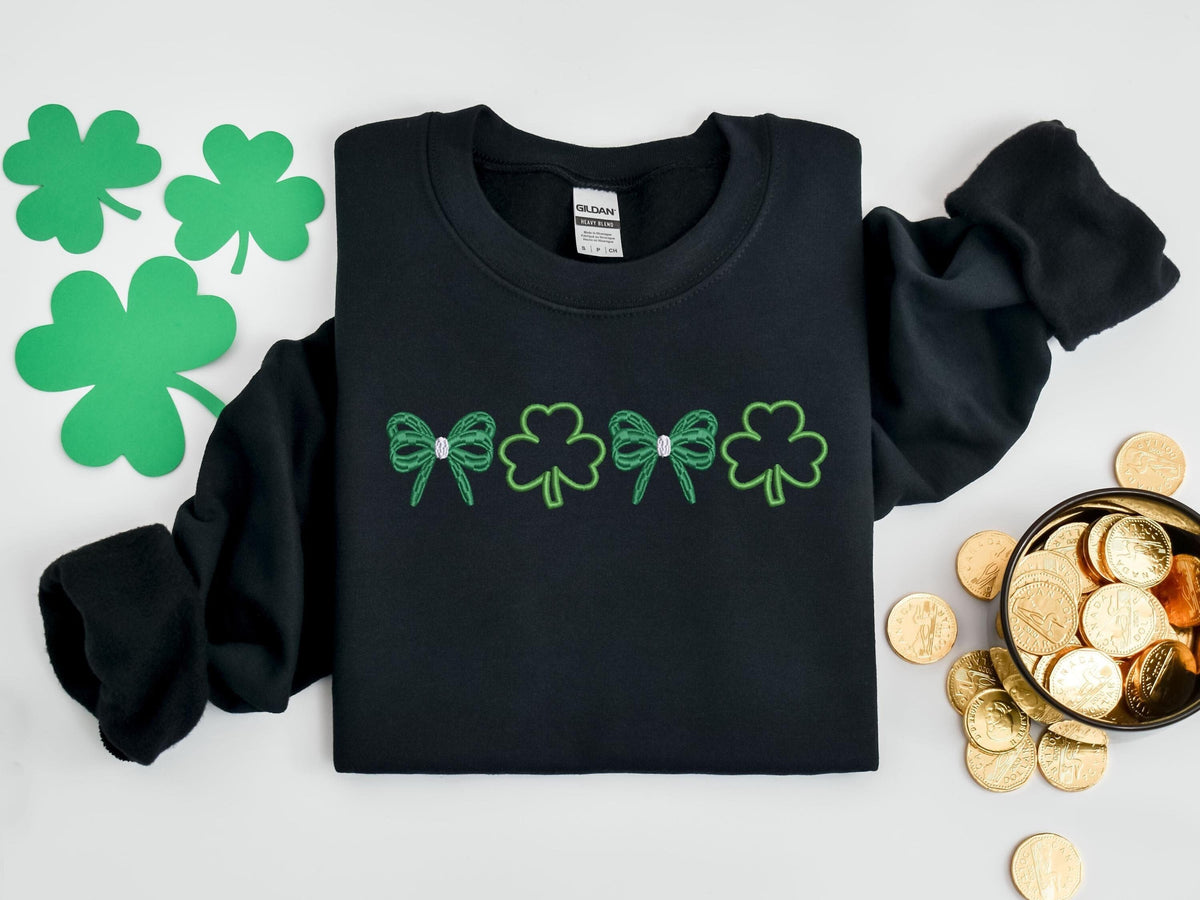Embroidered Shamrock Sweatshirt Embroidered Irish Sweatshirt Embroidered Coquette Bow Irish Shirt Embroidered St Patricks Day Shirt Sweatshirt – Cozy Vibes · High-Quality Print