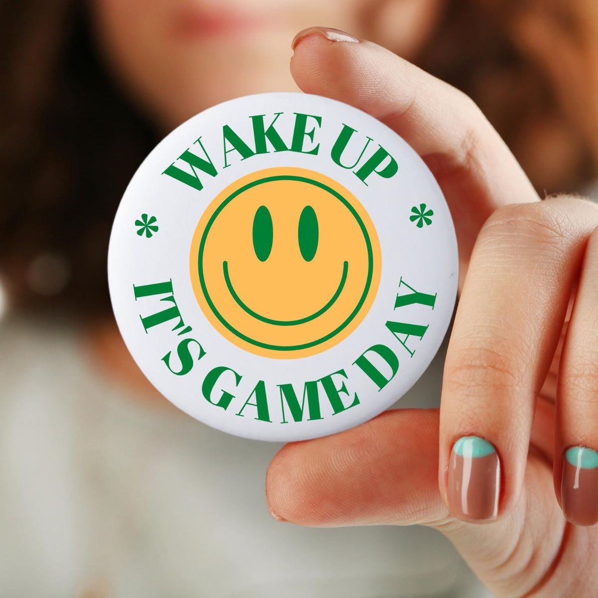 Wake Up It39s Game Day Green Gold Game Day Pin Green and Gold Game Day Pin Game Day Button Tailgate Pin Graphic Tee – Fan Favorite · Must-Have Style