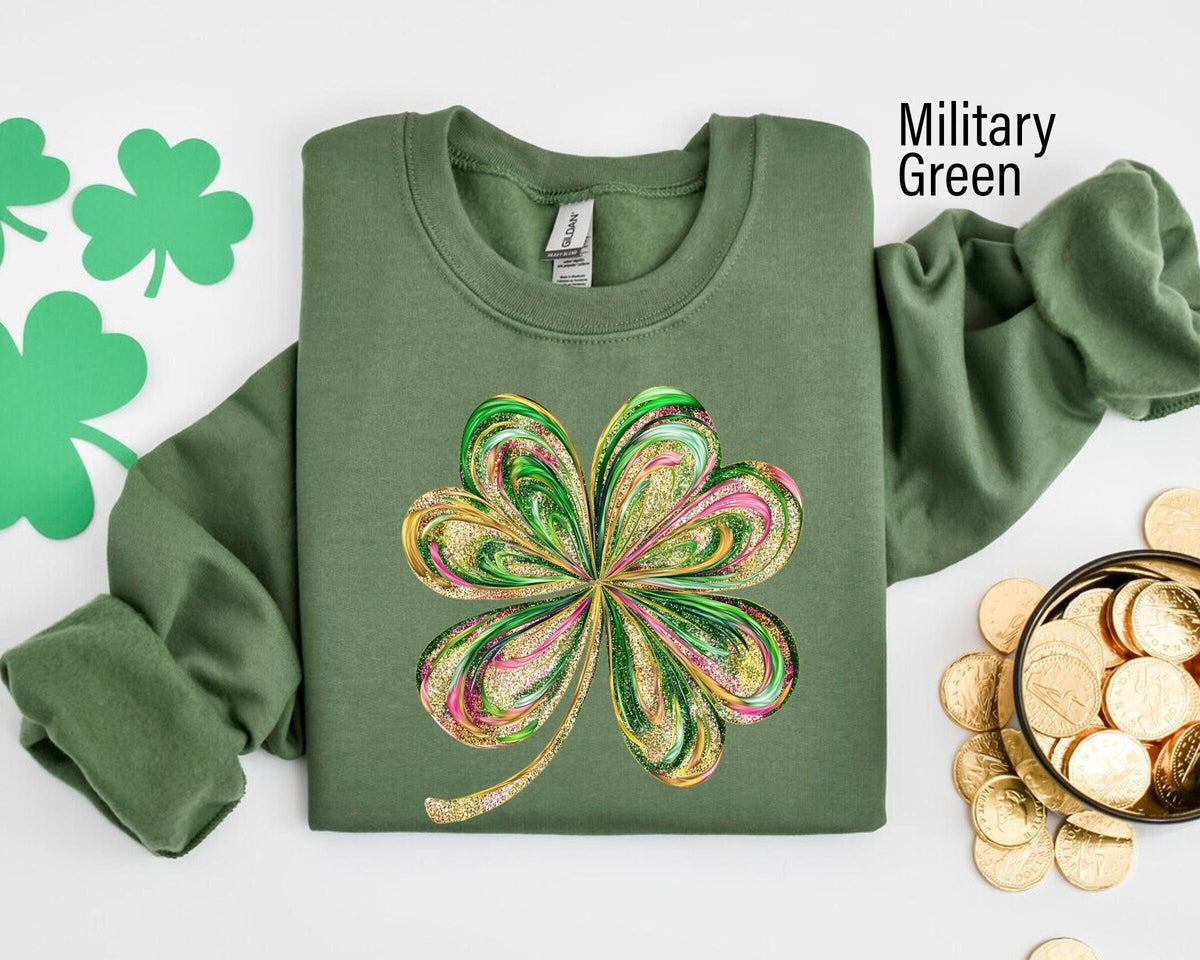 Retro Shamrock Sweatshirt Womens Glitter Sweatshirt Cute St Patricks Day Sweatshirt Lucky Sweatshirt Irish Shirt Four Leaf Clover Sweatshirt – Bold Style · Perfect For Daily Wear