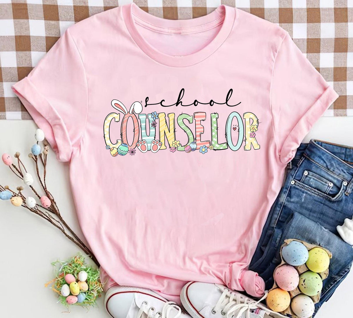 School Counselor Easter Bunny Shirt Personalized Gift for Counselor Back To School Shirts New Counselor Gifts School Team Graphic Tee – Aesthetic Look · Trending Graphic Apparel