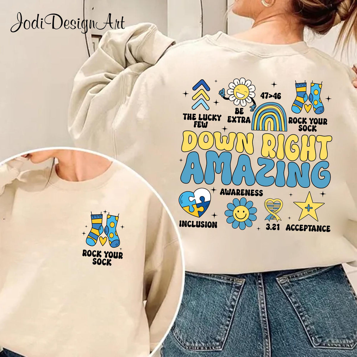Down Right Amazing Shirt Down Syndrome Awareness Tee Rock Your Sock Shirt Inclusion Sweater Blue Yellow Ribbon Shirt Down Support Graphic Tee – Feel-Good Design · Trending Graphic Apparel