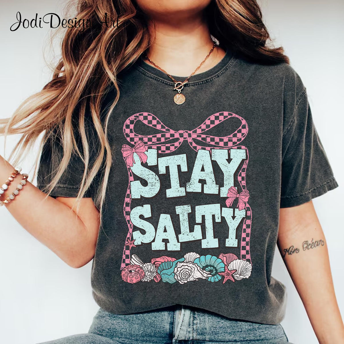Stay Salty Shirt Coastal Beach Seashell Aesthetic Shirt Checkered Bow Boho Summer Shirt Retro Summer Shirt Coquette Summer Beach Tee Graphic Tee – Warm & Stylish · High-Quality Print