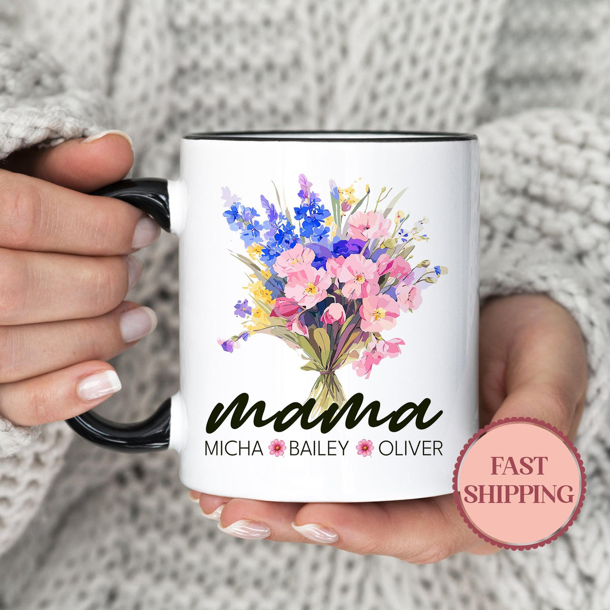 Personalized Mothers Day Mug with Floral Design Custom Mom Coffee Cup with Kids39 Names Unique Handheld Bouquet Gift for MamaMU 330 Graphic Tee – Aesthetic Look · Top Pick For Any Outfit