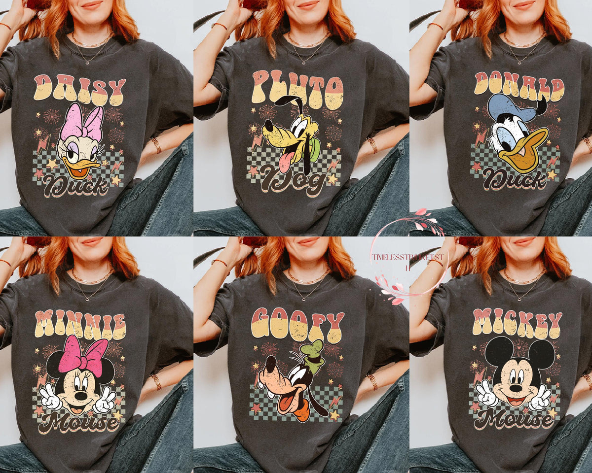 Retro Disney Character Shirt Vintage Family Matching Tee Bundle Mickey Minnie Donald Daisy Goofy Pluto Vacation Park Outfit Idea Graphic Tee – Soft Feel · Great Gift For Fans
