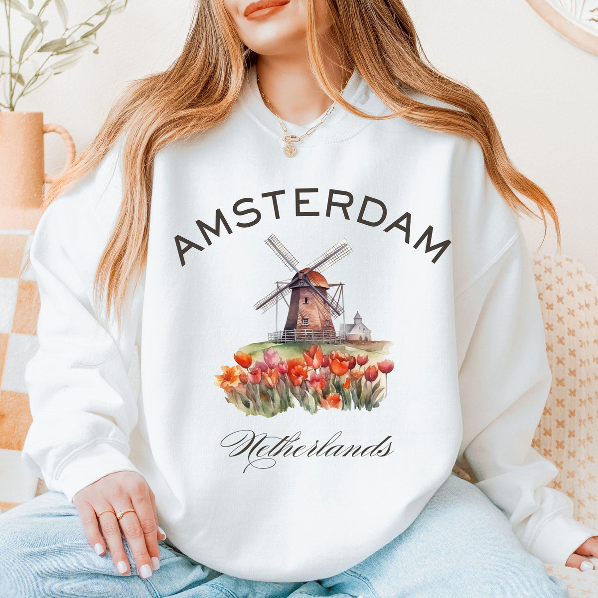 Amsterdam Tourist Sweatshirt Netherlands Crewneck Jumper Holland Travel Pullover City of Canals Souvenir European Trip Sweatshirt Sweatshirt – Premium Graphic · High-Quality Print