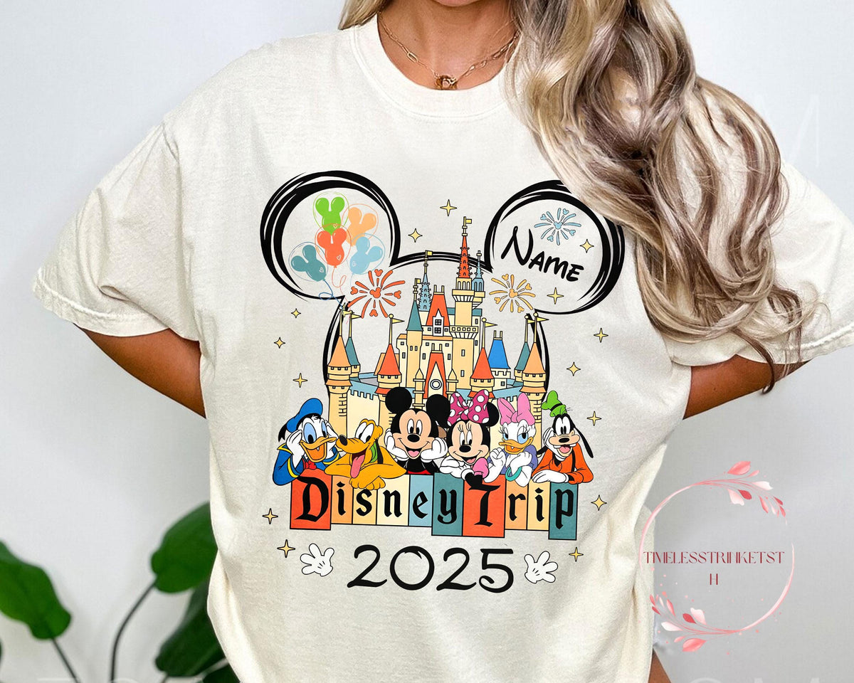 Custom 2025 Disney Trip Shirt Personalized Family Vacation Tee Matching Group Shirt with Castle Characters Graphic Tee – Soft Feel · Perfect For Daily Wear