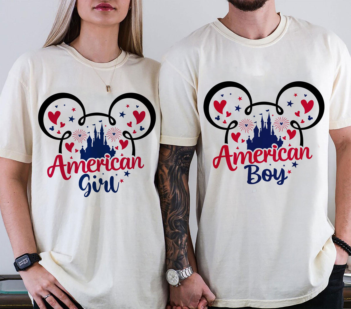 American Girl Boy Disney Shirt 4th of July Matching Couple Tee Patriotic USA Castle Ears Outfit Family Independence Day Shirt Graphic Tee – Fan Favorite · High-Quality Print
