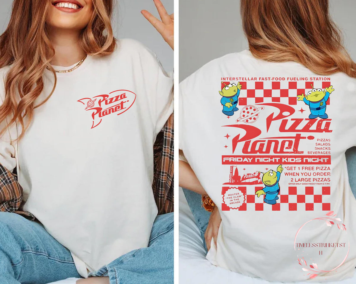 Pizza Planet Retro Shirt Two Sided Toy Story Alien Tee Vintage Disney Arcade Style Friday Night Pizza Night Pixar Theme Park Look Graphic Tee – Easygoing Wear · Must-Have Style