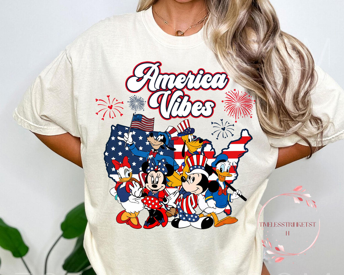 America Vibes Disney 4th of July Shirt Retro Mickey Minnie Donald Goofy Tee Patriotic USA Family Matching Comfort Colors Shirt Graphic Tee – Feel-Good Design · Perfect For Daily Wear