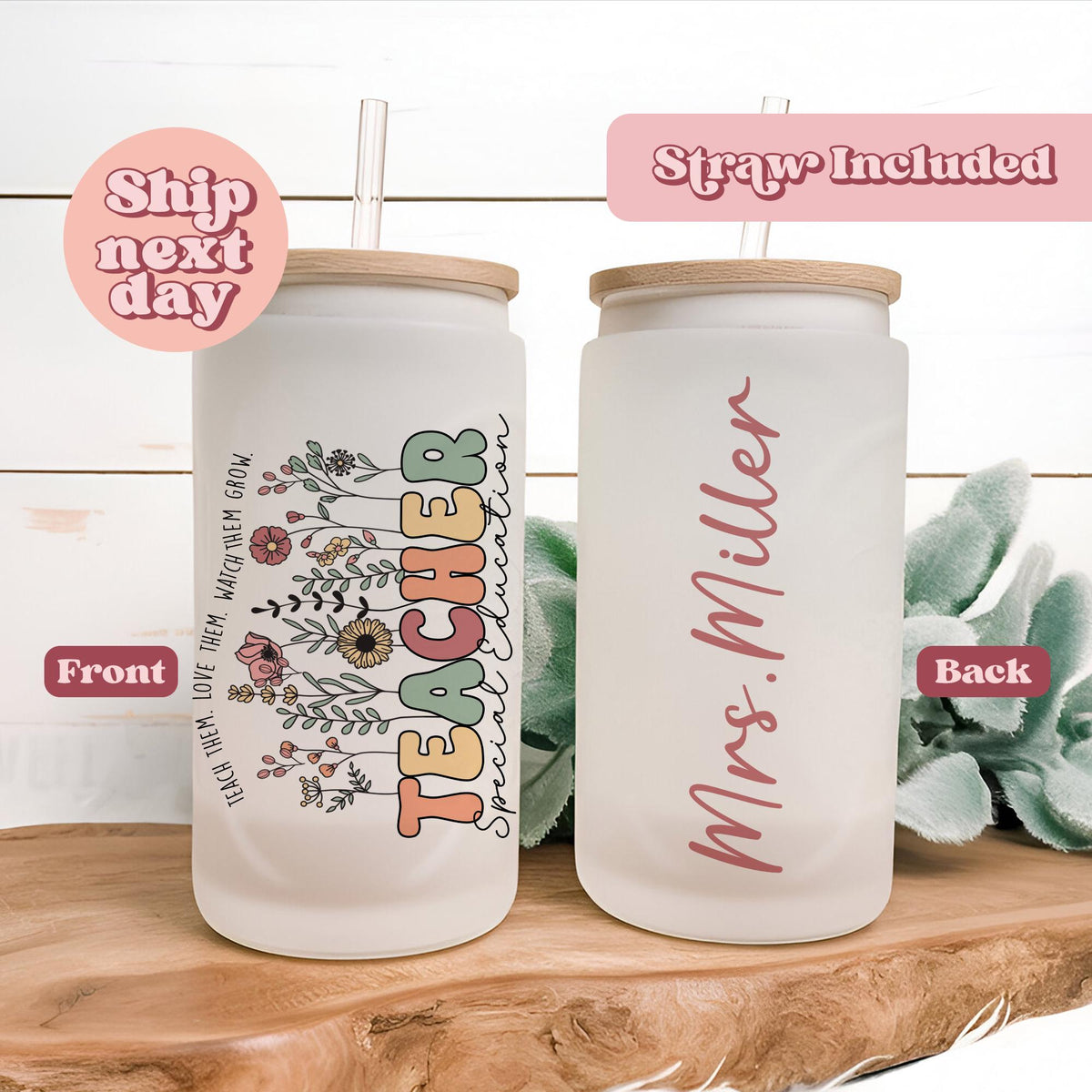 Personalized Teacher Tumbler Custom Name Frosted Glass with Straw Special Education Gift for Teachers Eco Friendly Drinkware Graphic Tee – Fan Favorite · Trending Graphic Apparel