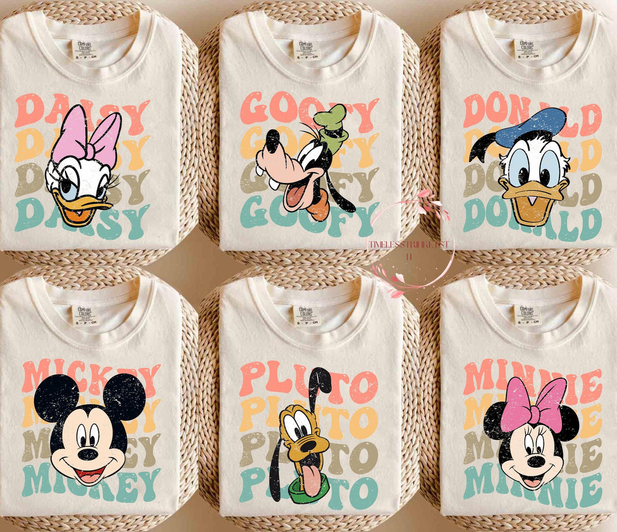 Custom Retro Pastel Disney Shirt Vintage Name Repeat Character Tee Mickey Minnie Donald Daisy Goofy Pluto Park Group Outfit Idea Graphic Tee – Aesthetic Look · Must-Have Style