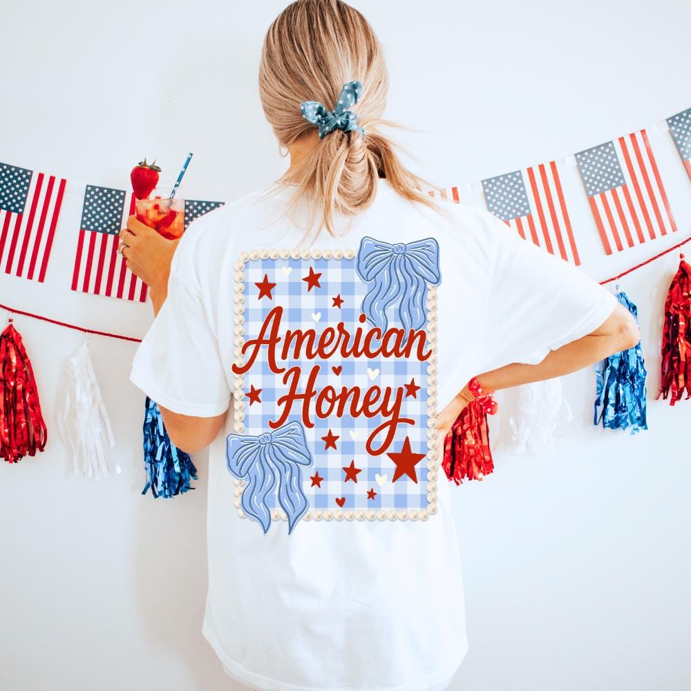 American Honey Garment Dyed T shirt Red White and Blue Bow Tee Casual Summer Shirt July 4th Shirt Girly Fourth Of July Apparel Graphic Tee – Premium Graphic · Top Pick For Any Outfit