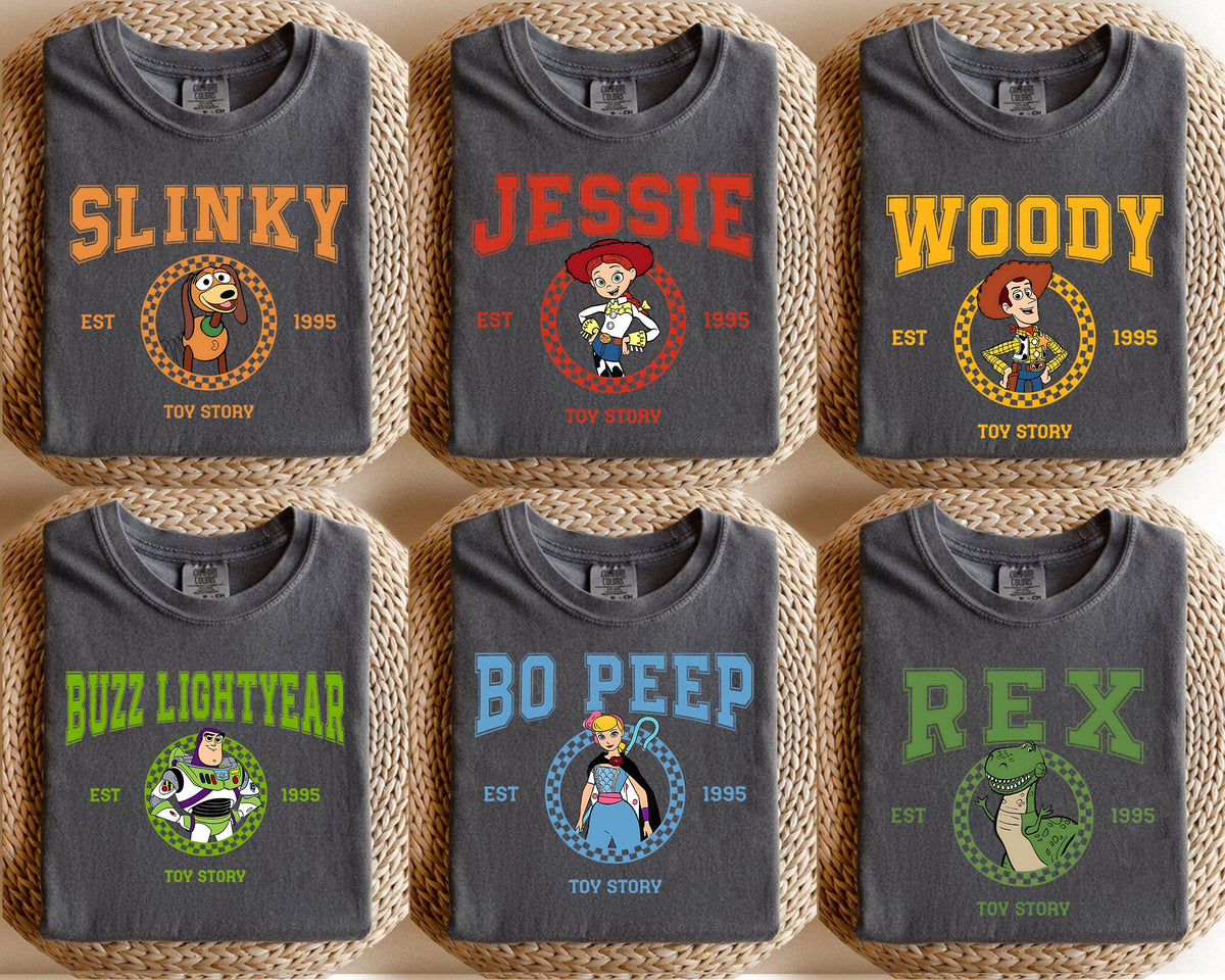 Retro Toy Story Shirt Vintage Pixar Character Tee Bundle Woody Buzz Jessie Rex Slinky Bo Peep Custom Disney Group Outfit Idea Graphic Tee – Feel-Good Design · High-Quality Print