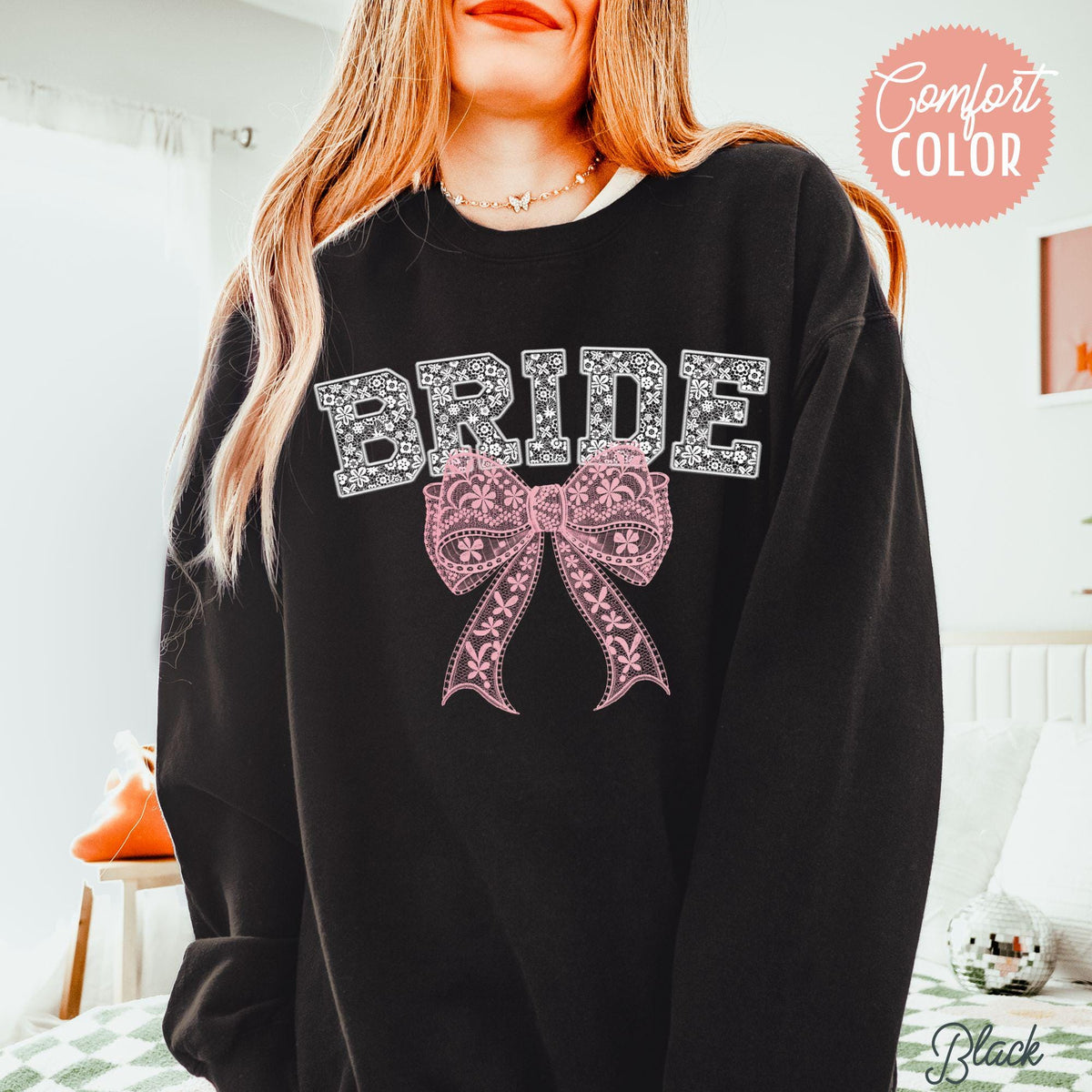 Lace Bow Bride Coquette Sweatshirt Bachelorette Comfort Colors Sweater Future Mrs Gift Bridal Shower Sweatshirt Engagement Party Sweater Sweatshirt – Premium Graphic · Great Gift For Fans