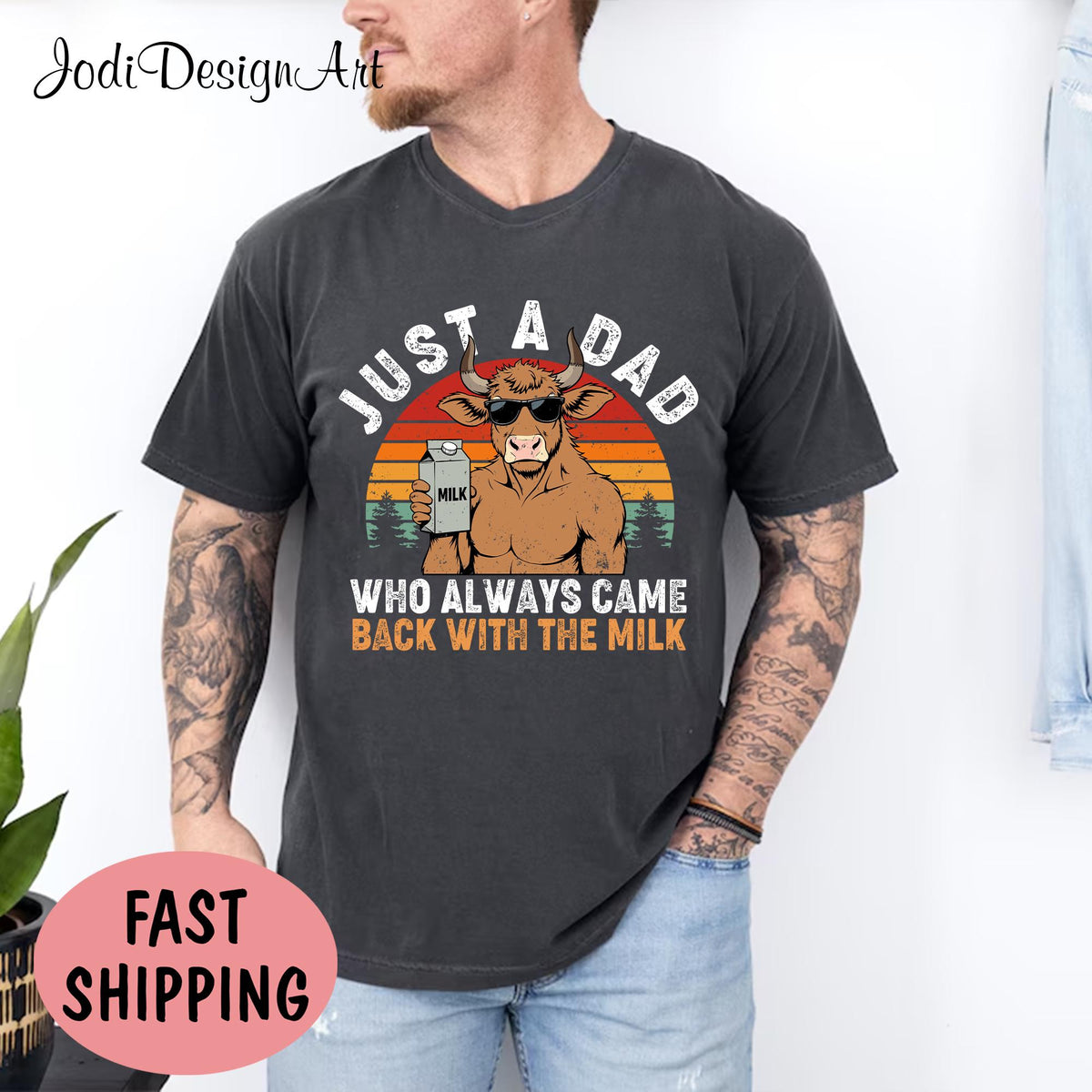 Just A Dad Who Always Came Back With The Milk Shirt Retro Dad Shirt Funny Fathers Day Father39s Day Gift for Dad Graphic Tee – Soft Feel · Trending Graphic Apparel