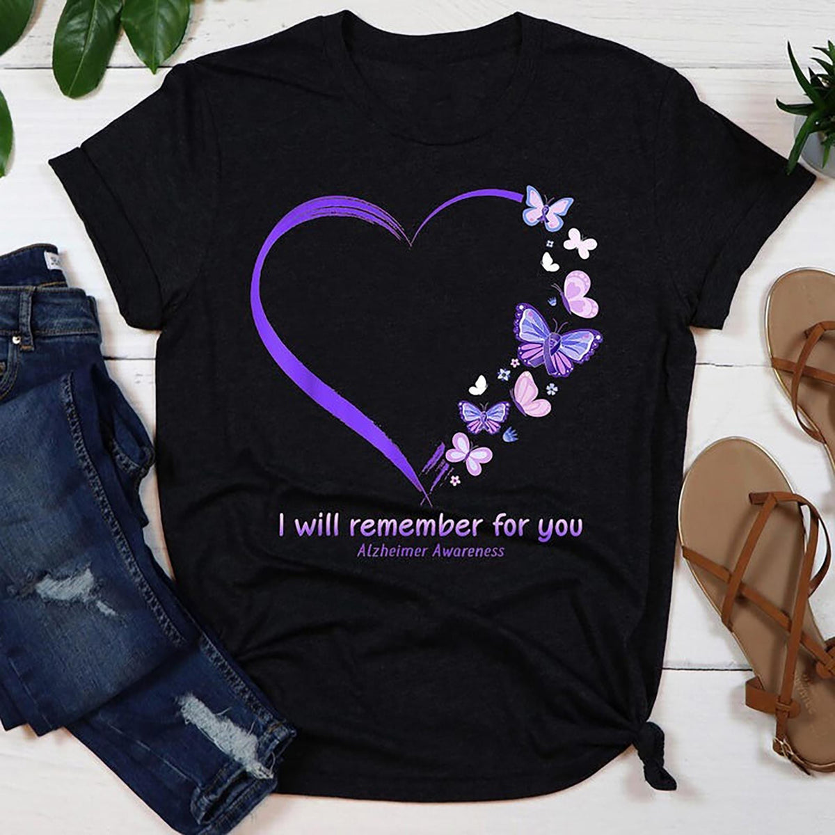 Alzheimer39s Awareness The Heart I will remember for You Shirt Butterfly Ribbon Alzheimer39s Shirt Alzheimer39s Awareness Alzheimer Purple tee Graphic Tee – Feel-Good Design · Perfect For Daily Wear