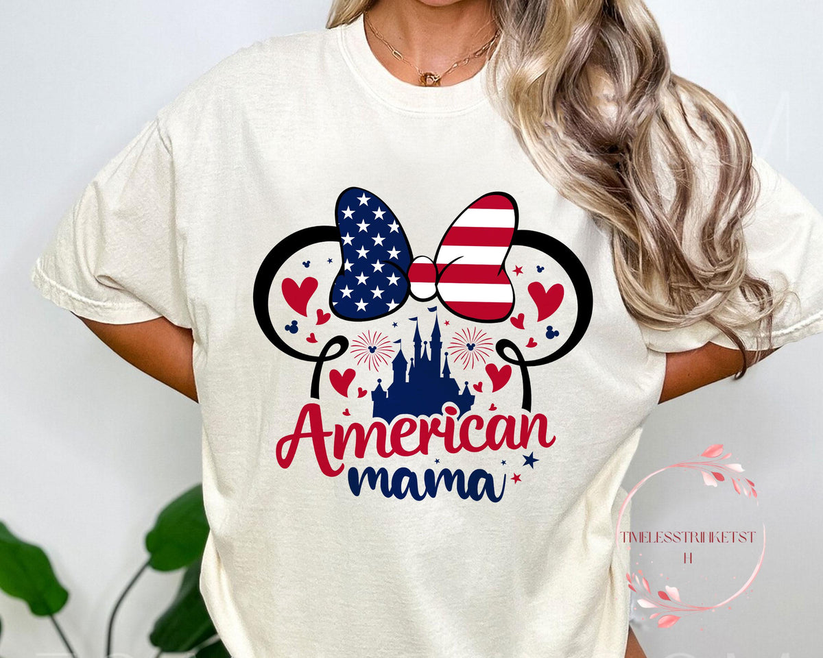 American Mama Disney Shirt Minnie Bow USA Castle Tee 4th of July Mom Top Patriotic Family Matching Outfit Independence Day Look Graphic Tee – Soft Feel · Perfect For Daily Wear