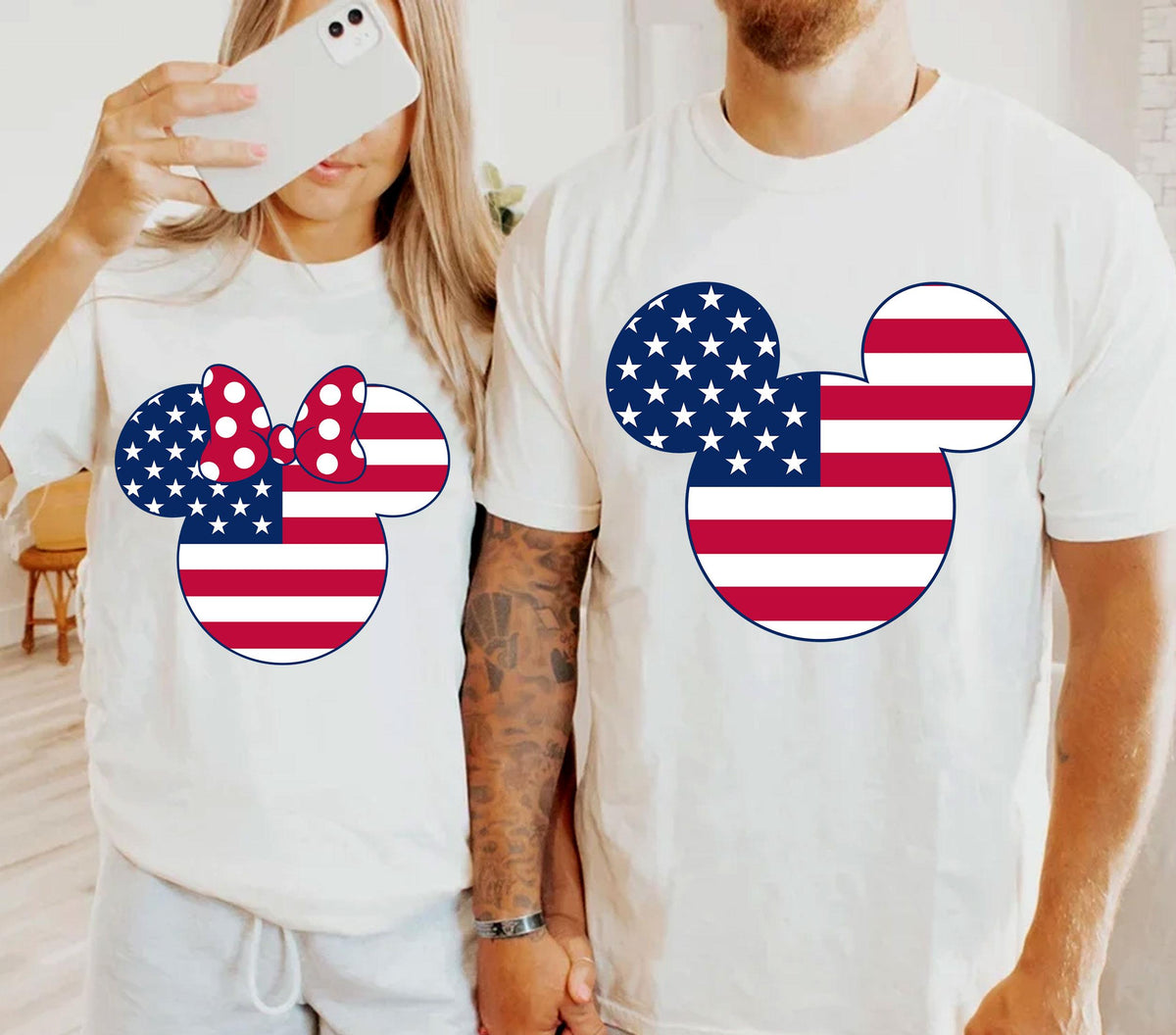4th of July Couple Shirt Set Matching Mickey Minnie Flag Tees Patriotic Disney Outfits His and Hers 2 Pack Comfort Colors Bundle Graphic Tee – Premium Graphic · Perfect For Daily Wear