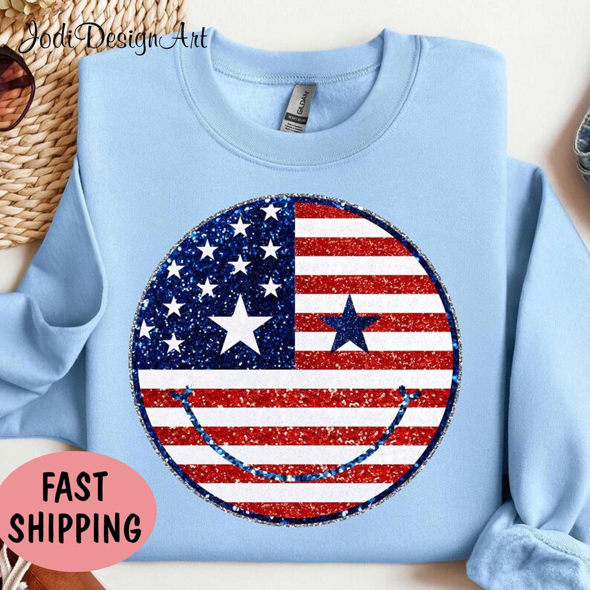 4th of July Glitter Happy Face Shirt American Flag Shirt USA Shirt Red White and Blue Shirt Fourth of July Shirt Independence Day Graphic Tee – Bold Style · Great Gift For Fans