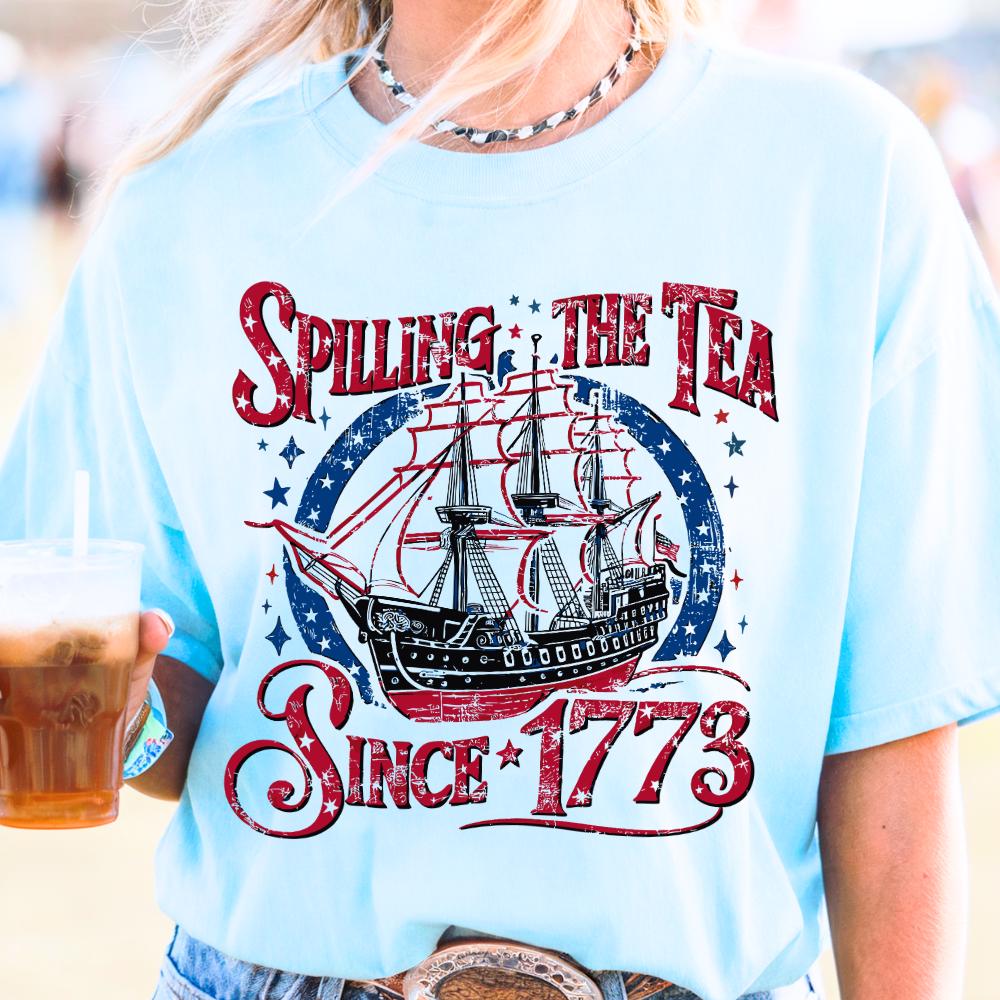 Tea Party Red White Blue Tee Patriotic Graphic Tee T shirt for Independence Day American Flag Shirt Spilling the Tea Since 1773 Graphic Tee – Bold Style · Trending Graphic Apparel