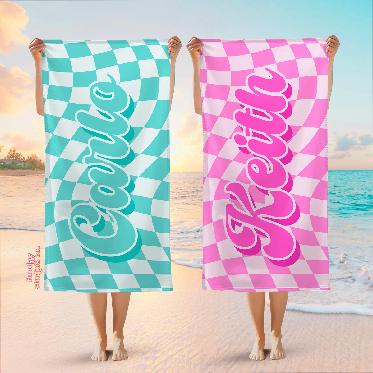 Custom Checker Beach Towel Bachelorette Party Gift Retro Style Pool Towel Personalized Beach Towel in Checkered Design BT 9 Graphic Tee – Feel-Good Design · Perfect For Daily Wear