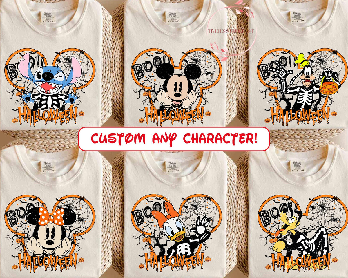 Custom Disney Skeleton Halloween Shirt Boo Web Retro Tee Stitch Mickey Minnie Goofy Daisy Pluto Comfort Colors Trick or Treat Top Graphic Tee – Soft Feel · Trending Graphic Apparel