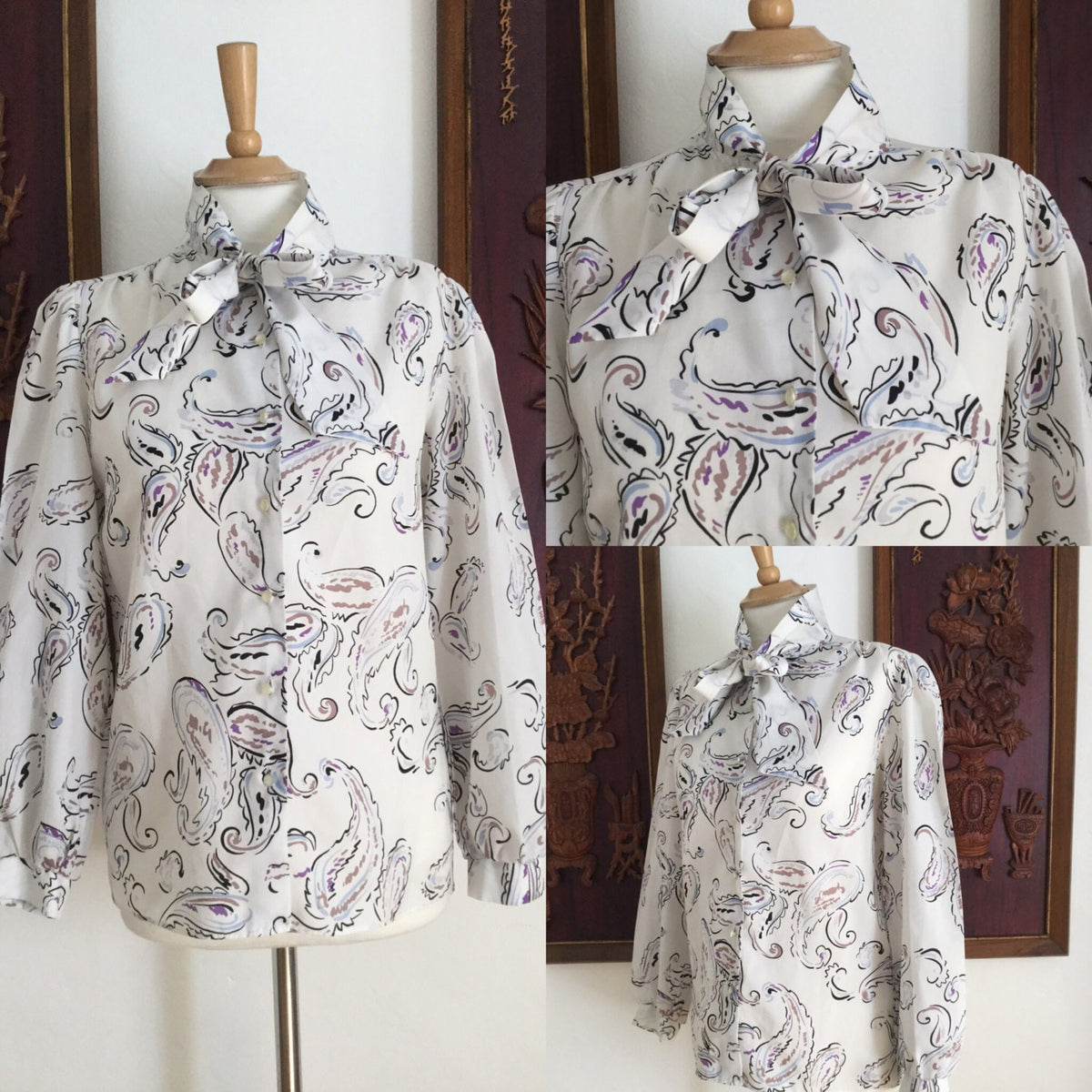 Vintage 80s Bow Tie Long Sleeve Paisley Secretary Blouse Top Large Graphic Tee – Easygoing Wear · Perfect For Daily Wear