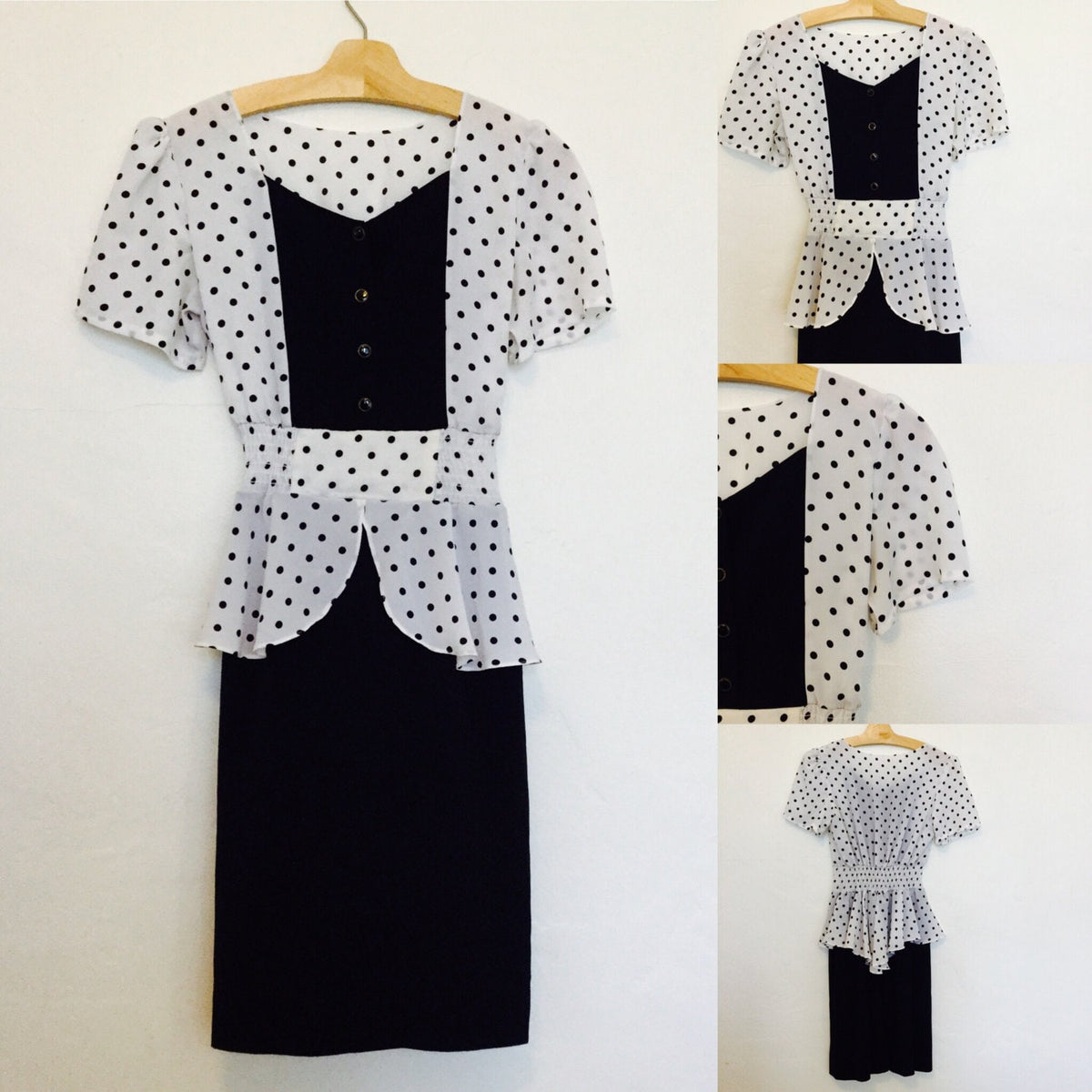 Vinatge 80s Black and White Polka Dot Peplum Secretary Day Dress Small Graphic Tee – Fan Favorite · High-Quality Print