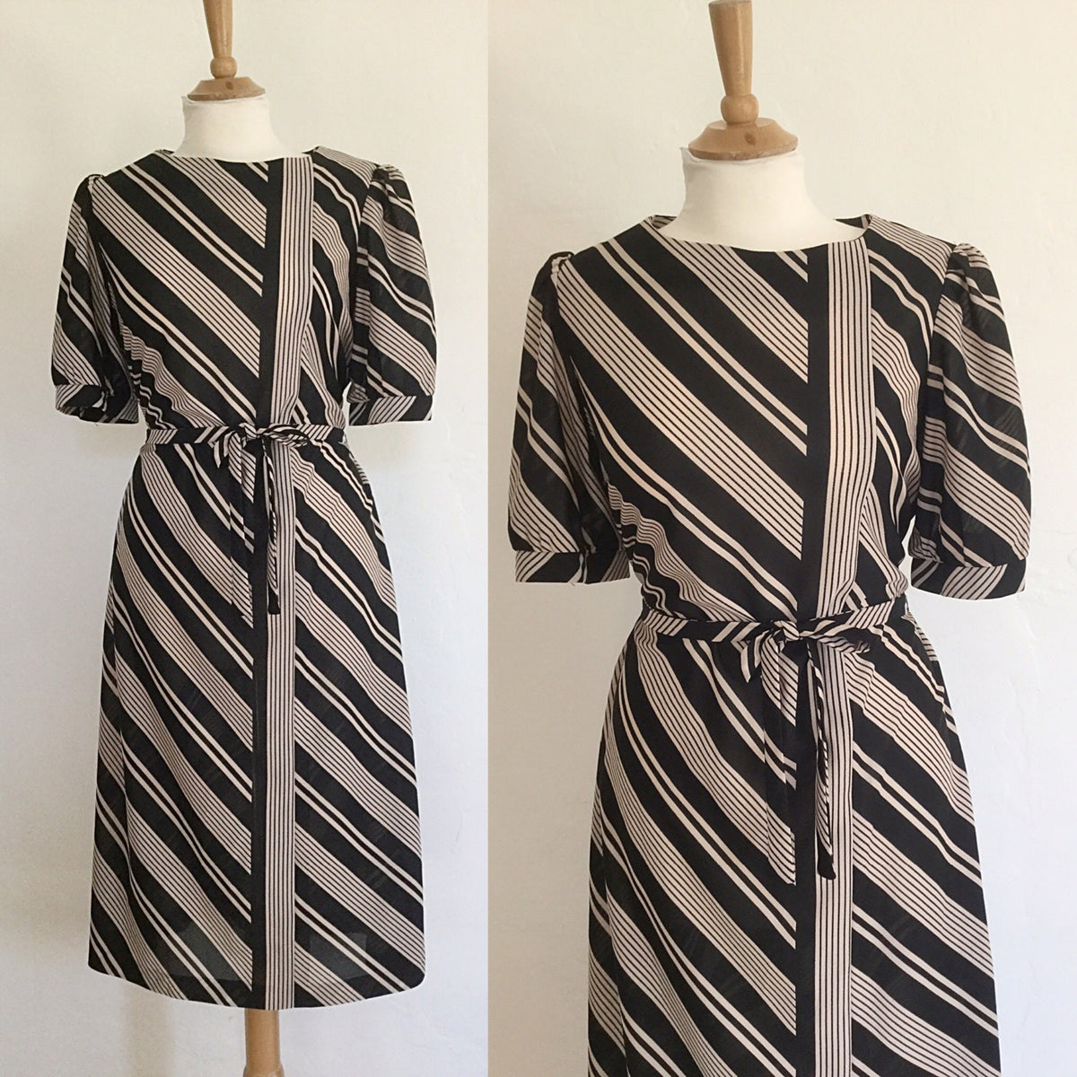 Vintage 70s Black and Cream Striped Puff Sleeves Tie Waist Keyhole Closure Day Dress Medium Graphic Tee – Warm & Stylish · Must-Have Style