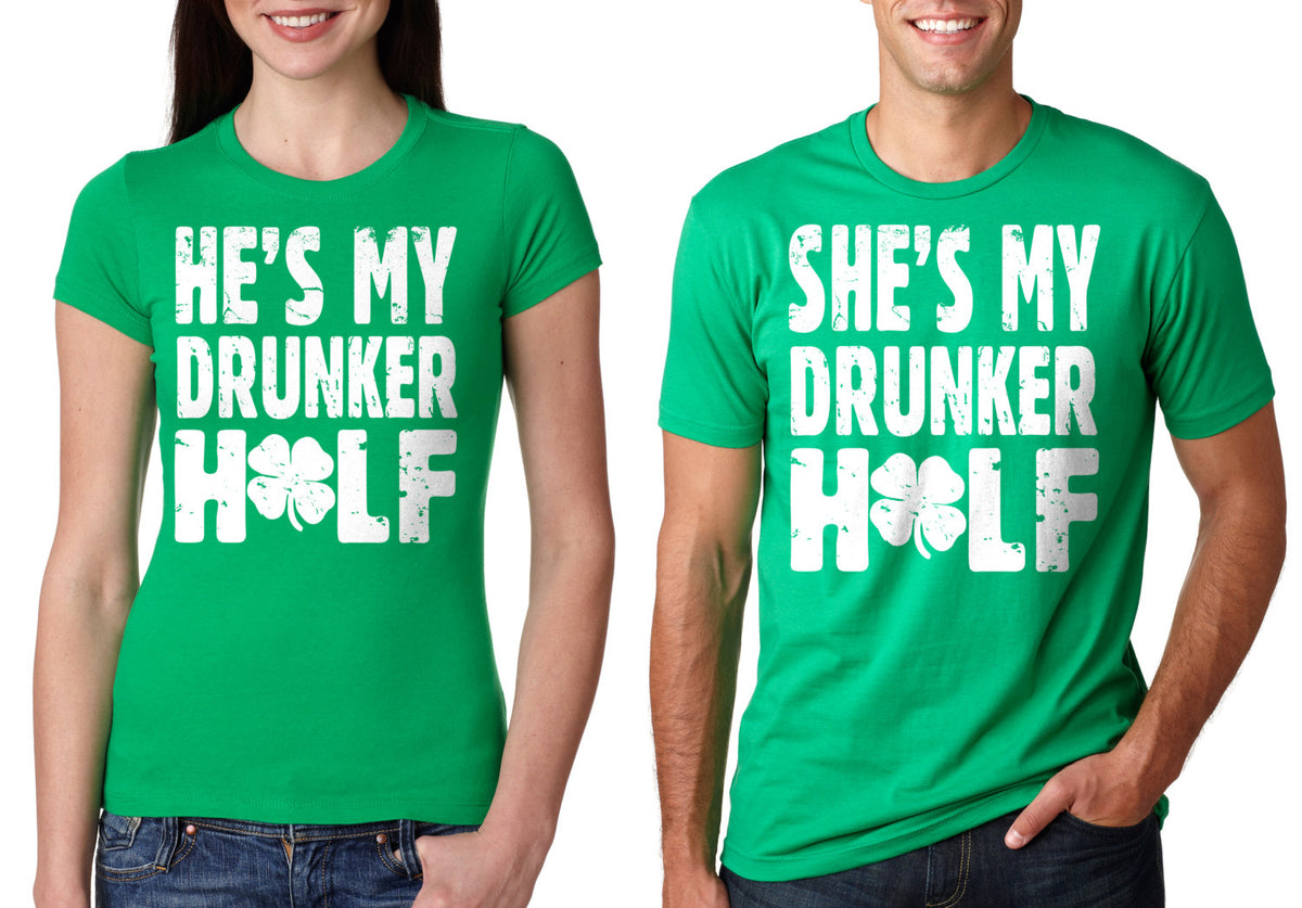 St Patrick39s Day Funny Couple T shirts Drunker Half Shamrock Clover Leaf T shirts for Couple Graphic Tee – Easygoing Wear · Top Pick For Any Outfit