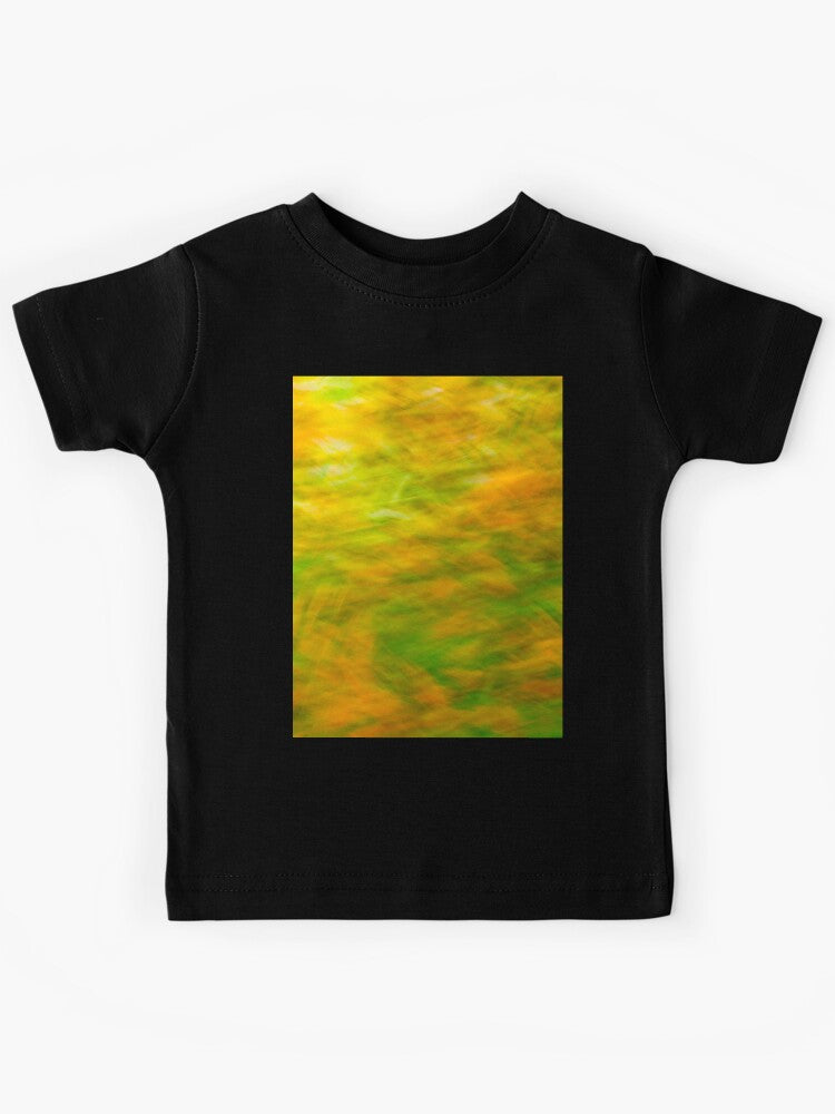 A horizontal motion blur that transforms a sunlit garden into streaks of brilliant yellow and deep green Kids T-Shirt
