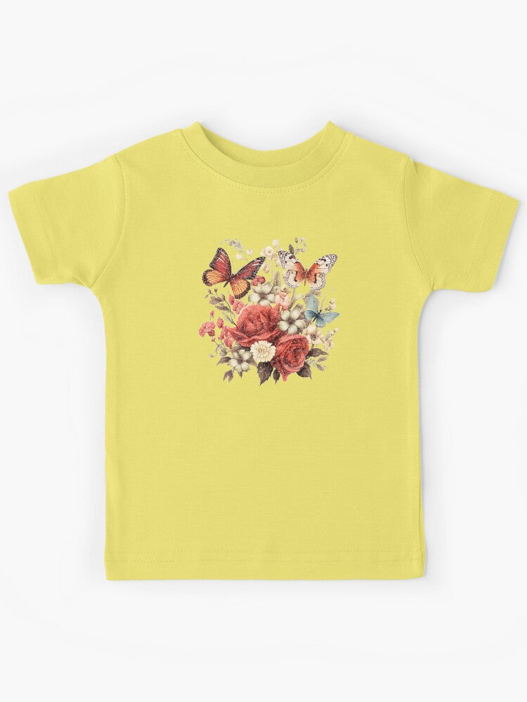 Vintage Elegance Red Roses Flowers and Butterflies Kids T-Shirt
