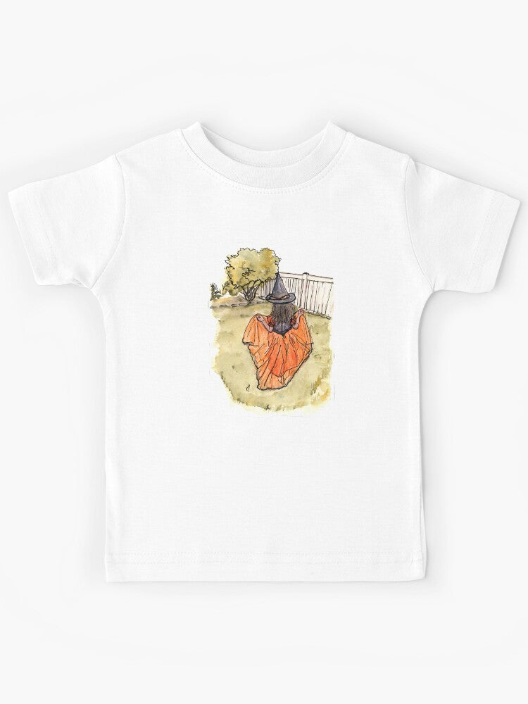 Little Witchling Watercolor Halloween Girl in Orange Gown Kids T-Shirt