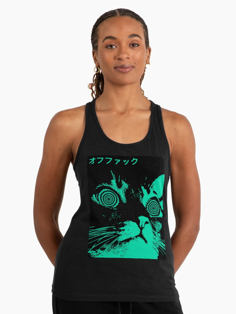 Vaporwave Cool Cat Japanese Urban Neon Style Racerback Tank Top